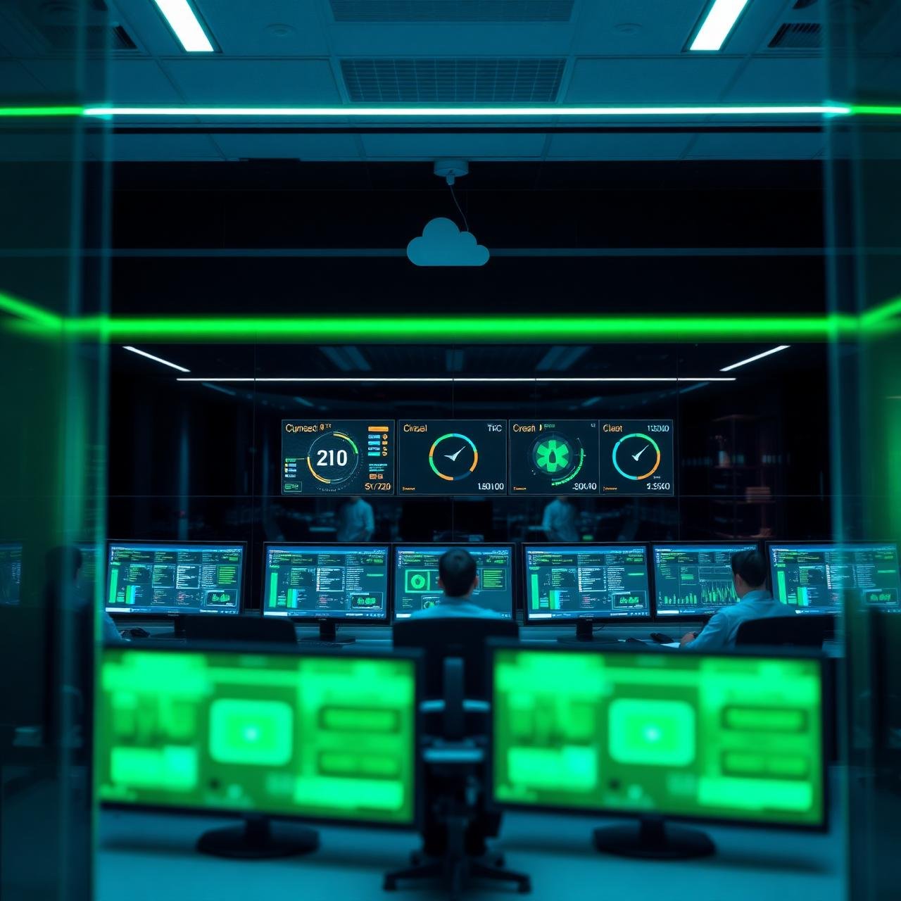 Central de monitoramento NOC com analistas de TI